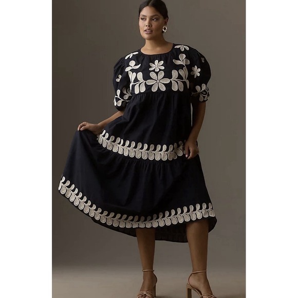 Anthropologie Dresses & Skirts - Anthropologie Embroidered Puff Sleeve Dress Floral Cotton Black Ivory XL Worn 1X
